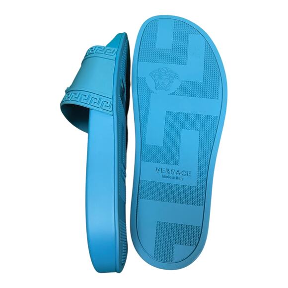 Versace Palazzo Men\'s EU 45 US 12 Sky Medusa Head Blue Pool Slides $395 NIB